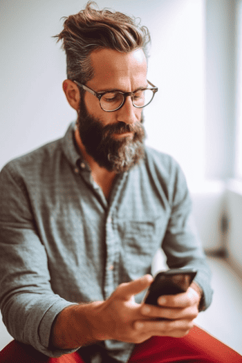 A white man holding a smartphone, using a language learning app to practice English grammar exercises.