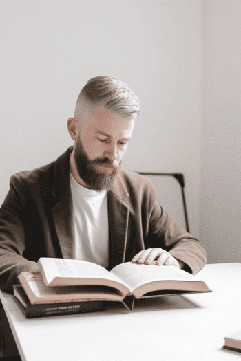 A white man sitting at a desk with a laptop, studying a grammar textbook for English language learning.